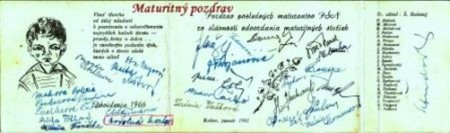 Maturitný pozdrav iV. B s podpismi.